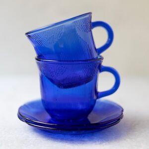 Vintage Forte Crisa Fortecrisa Mexico cobalt blue glass cup saucer set of 2